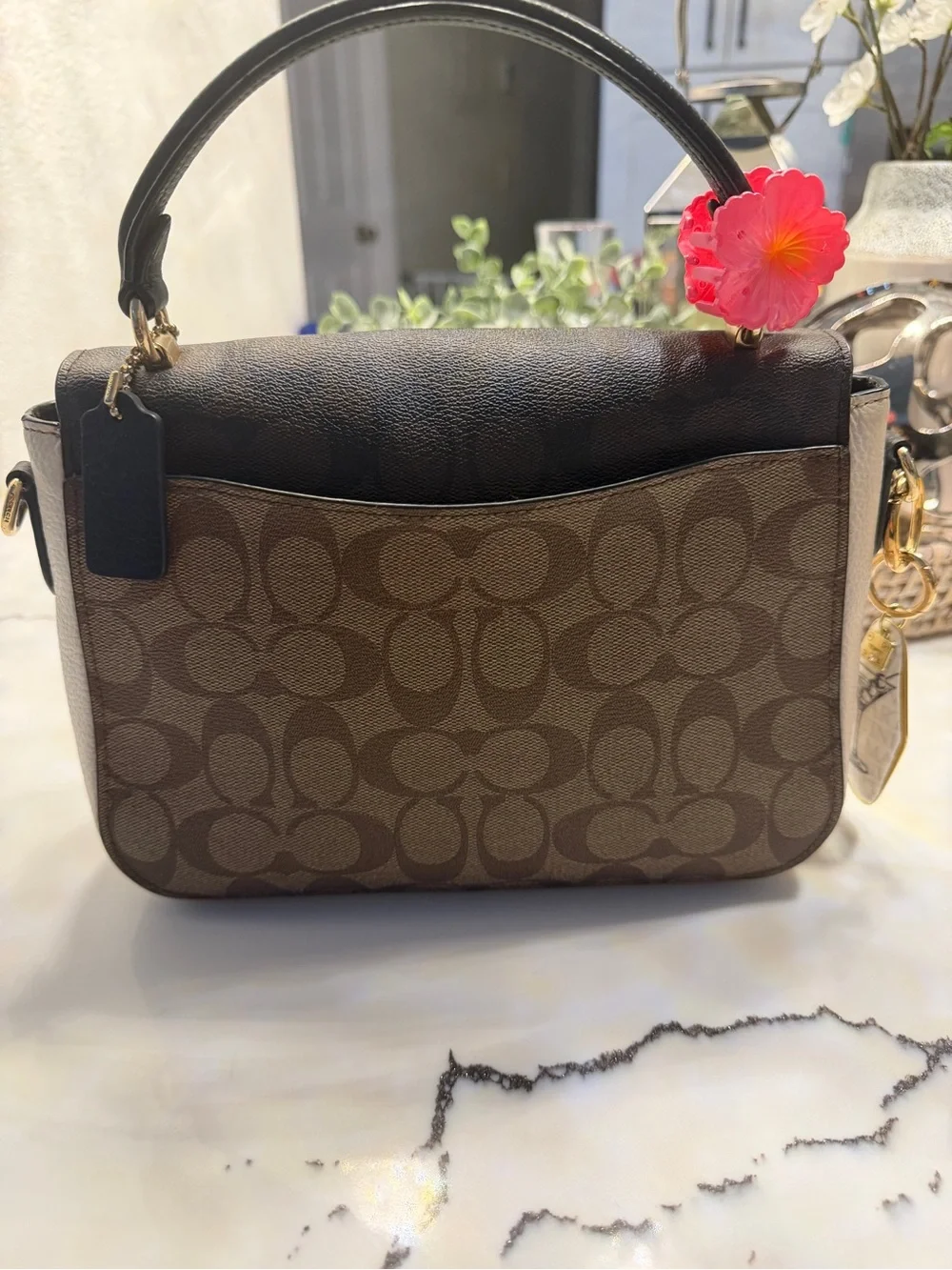 Coach Brown Signature Canvas Satchel with Black Flap and Gold Hardware